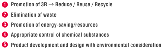 1. Promotion of 3R Reduce/Reuse/Recycle 2. Elimination of Waste 3. Promotion ofenergy-saving/resources 4. Appropriate control of chemical subtances 5. Product development and design with environmental consideration